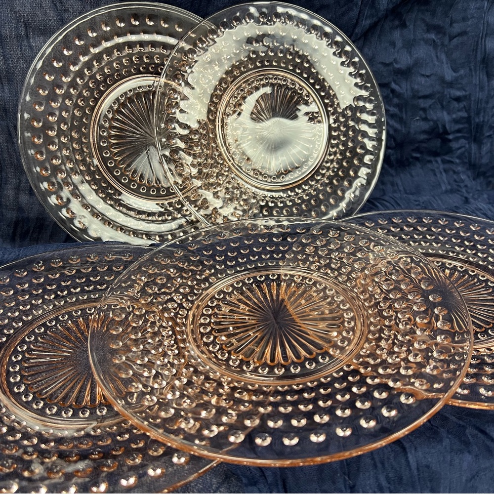 Pink Pressed Glass Hobnail Plates - Set of 5